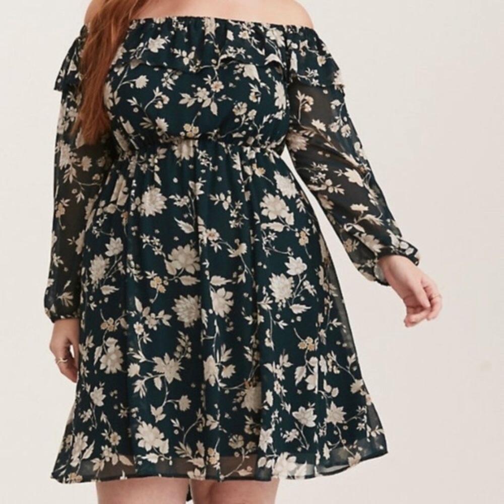 TORRID FLORAL CHIFFON OFF SHOULDER SKATER DRESS cc. - Picture 2 of 16